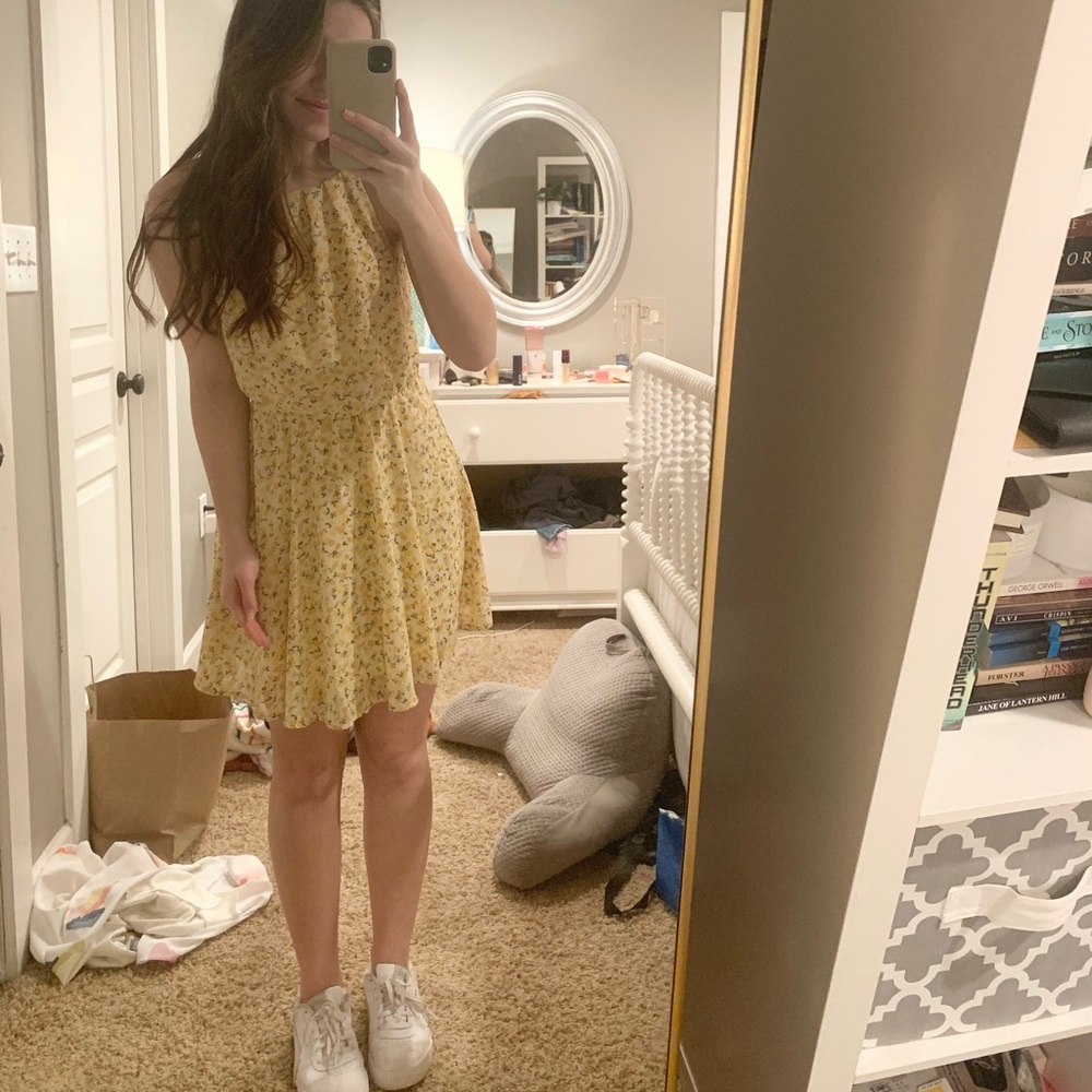 Francesca’s Yellow Floral Summer Mini Dress Halter Neck